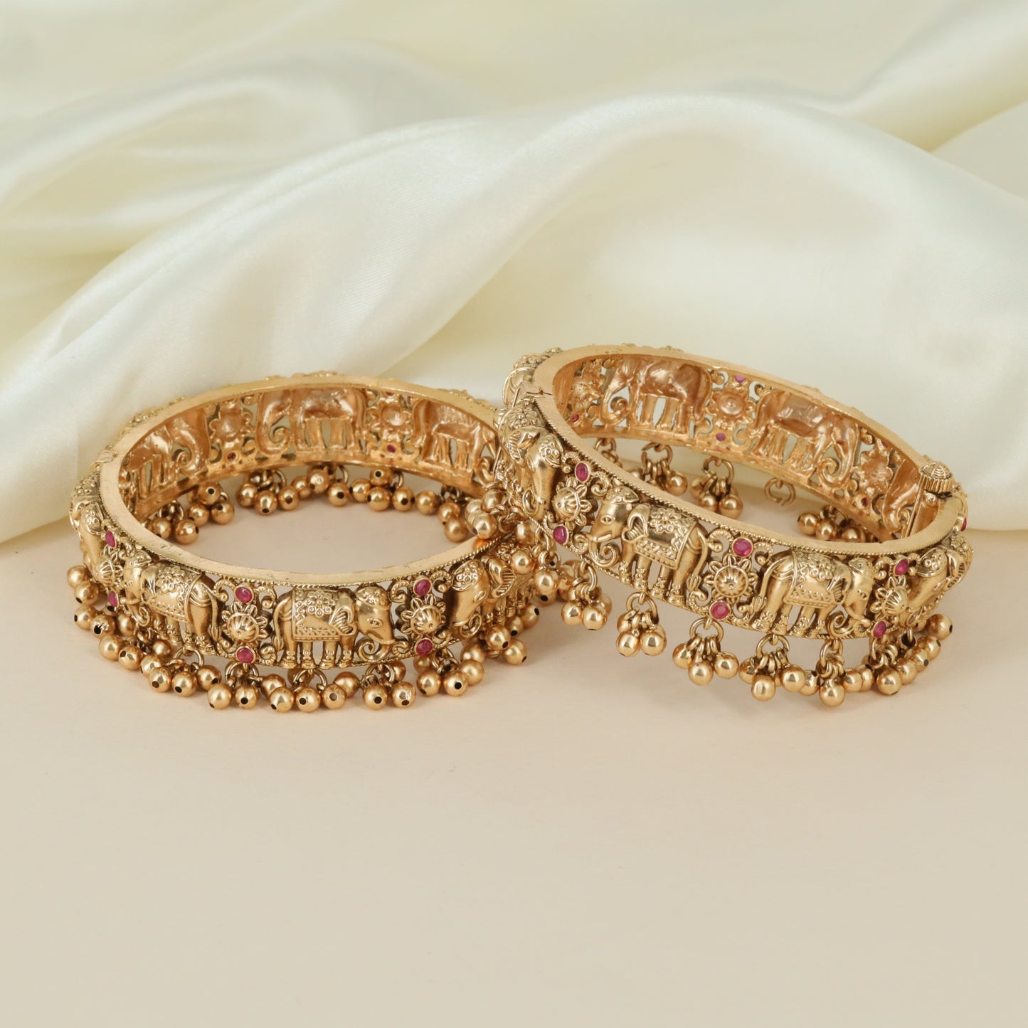 Royal Elephant Border Antique Bangles with Dangling Bead Detailing
