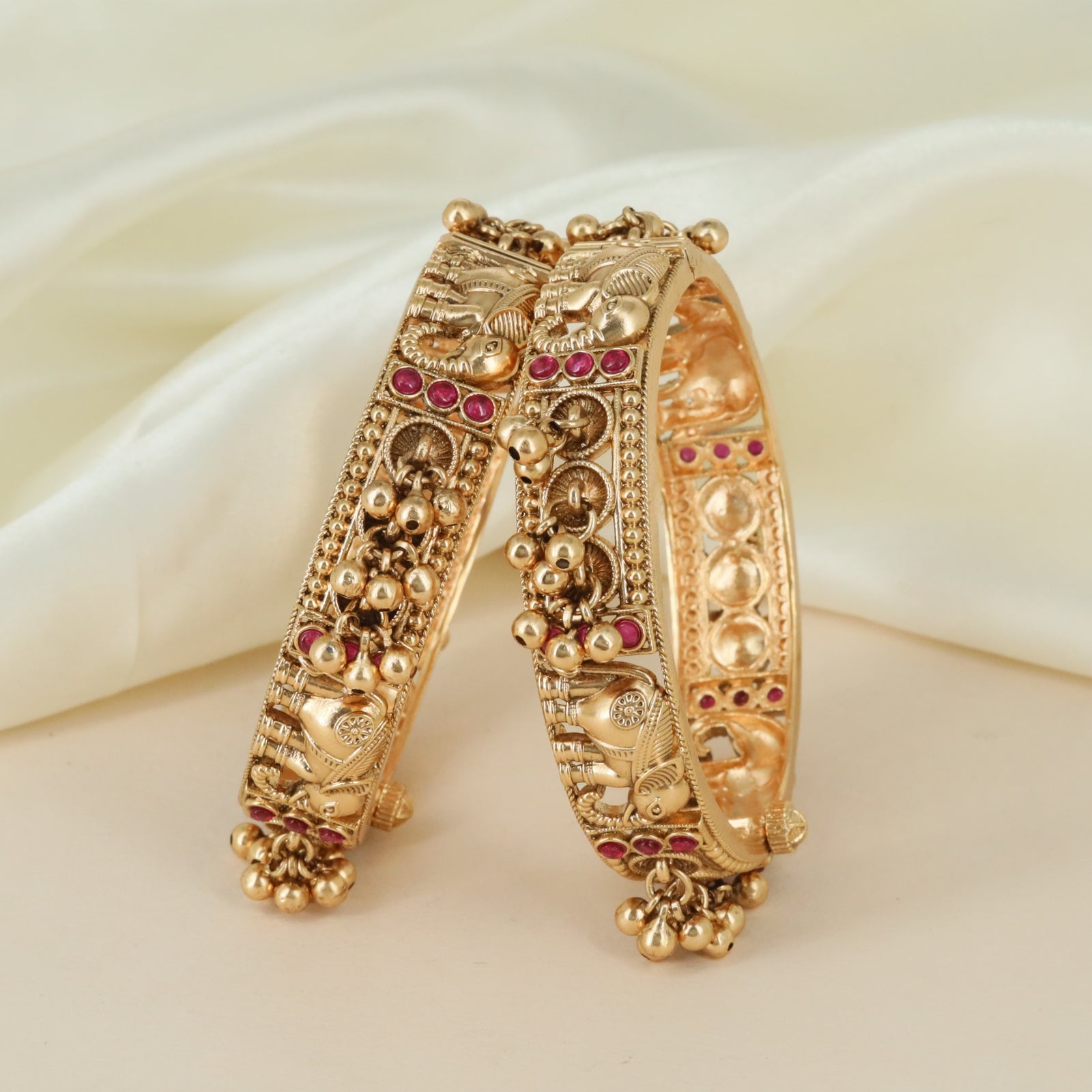 Ornate Temple Elephant Antique Bangles with Grand Bell Drop Detailing