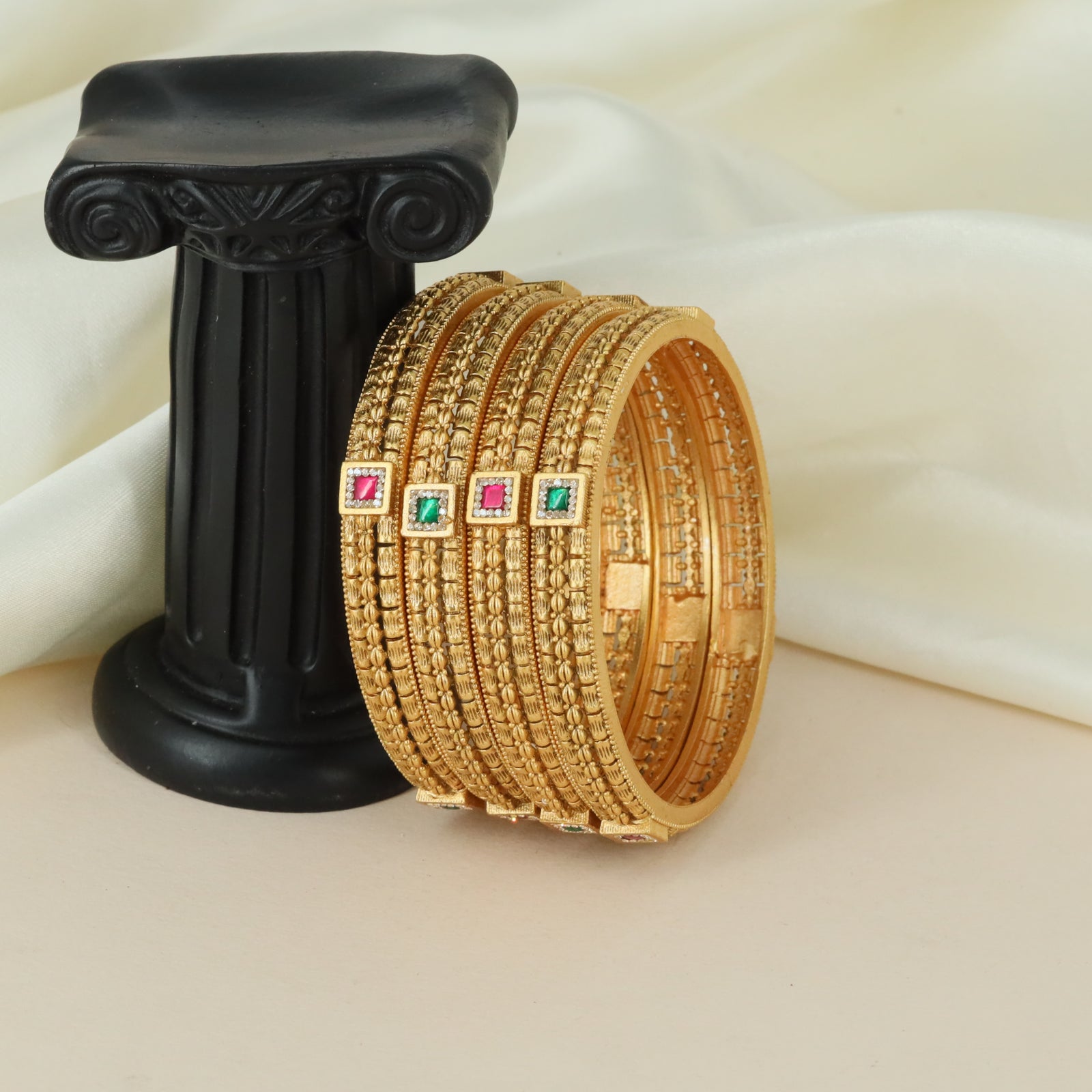 Intricate Square Motif Antique Bangles with Layered Detailing