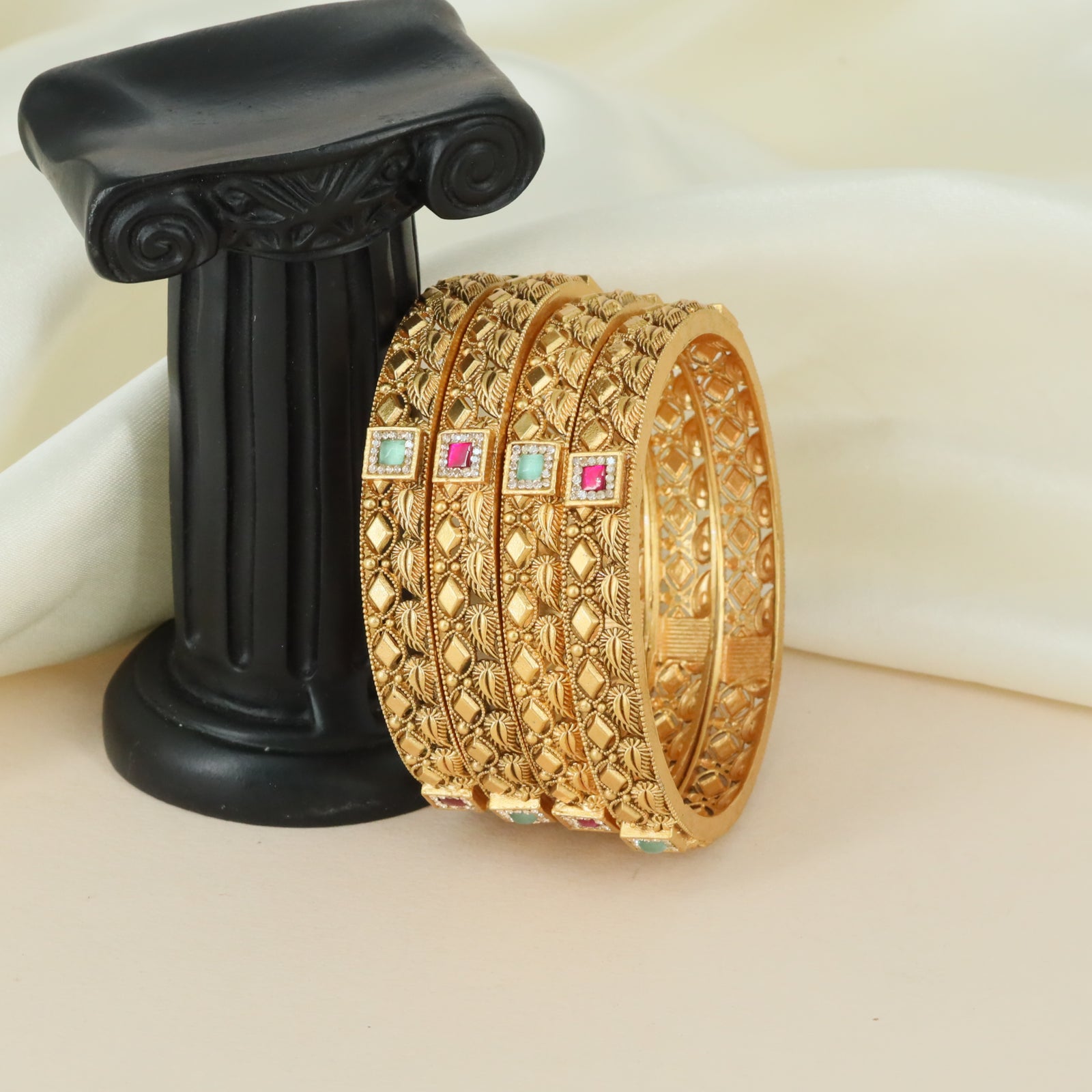 Regal Diamond Grid Antique Bangles with Layered Stone Border Detailing