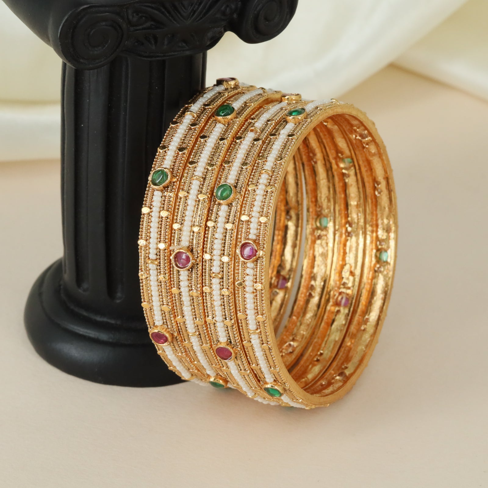 Bridal Stone Accent Antique Bangles with Layered Border Styling
