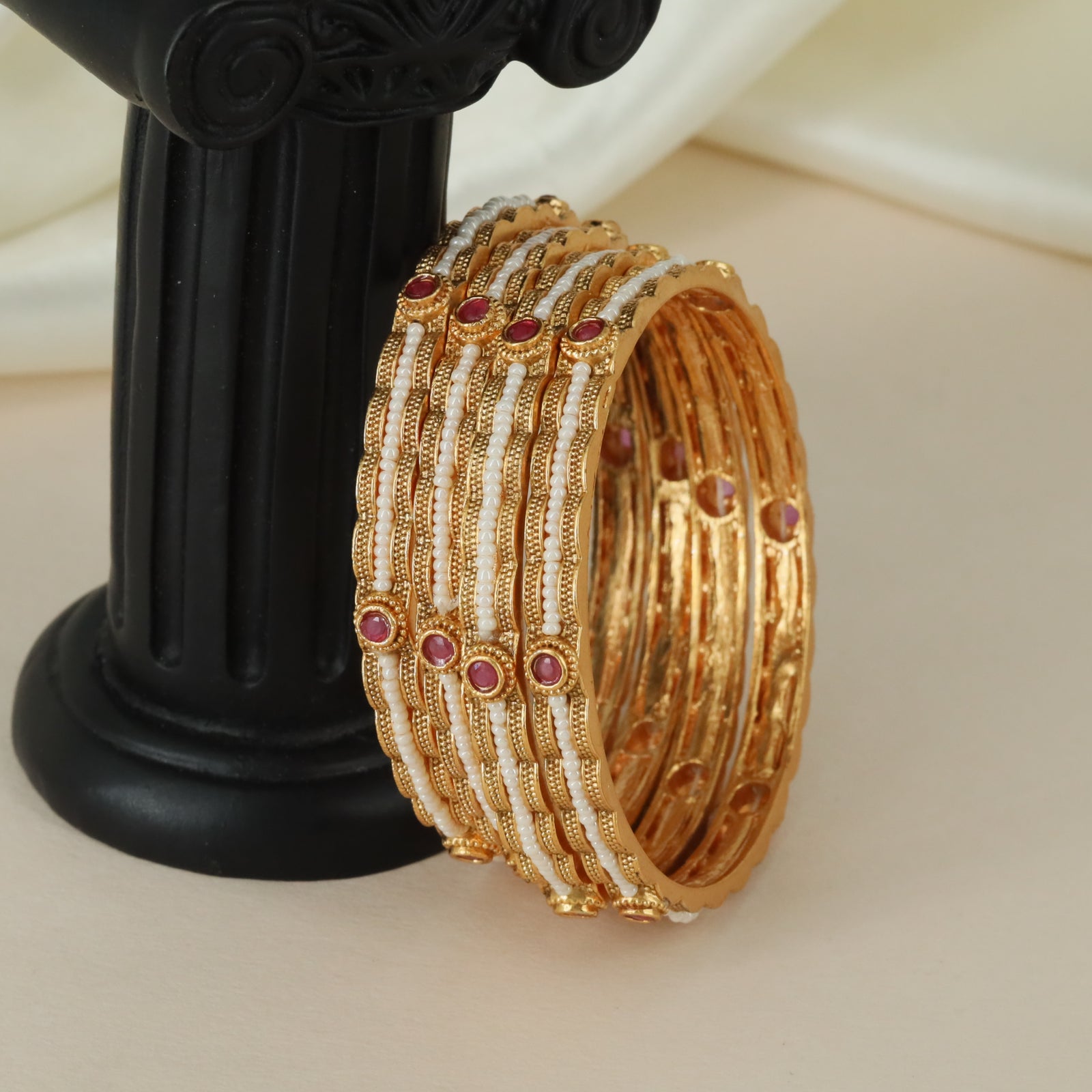 Heritage Ruby Accent Antique Bangles with Ornamental Border Styling