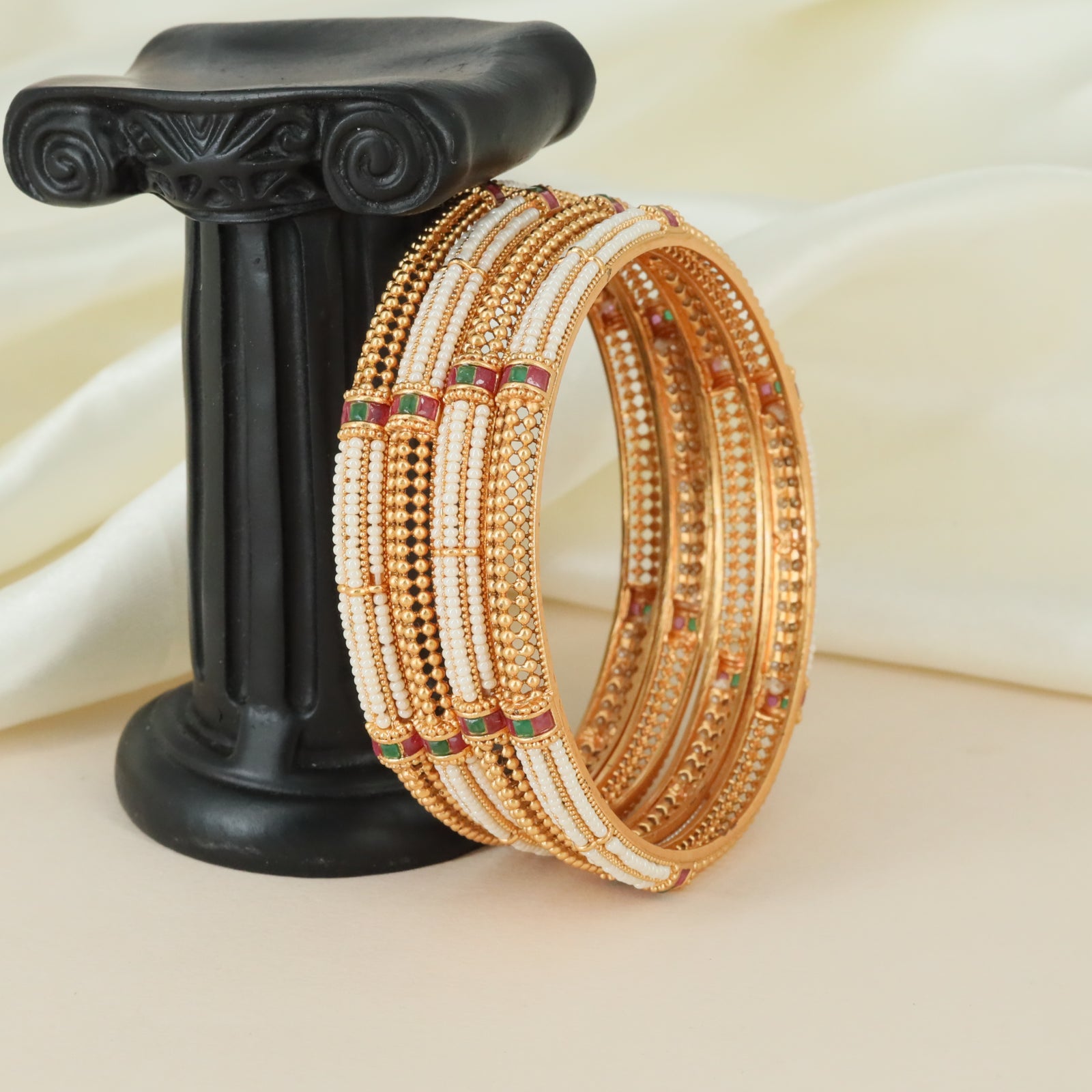 Premium Floral Border Antique Bangles with Textured Stone Detailing