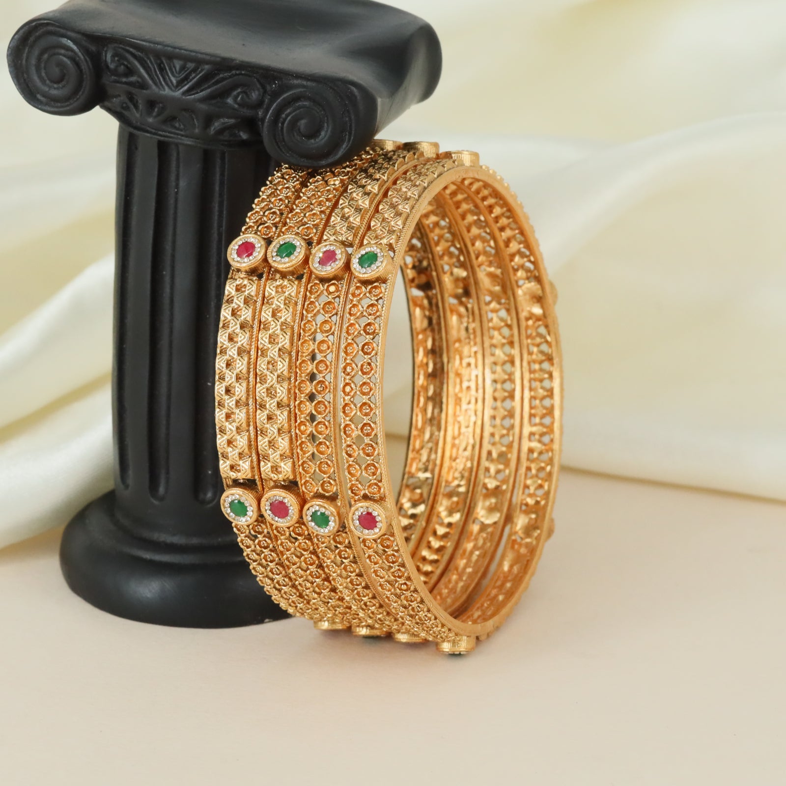Bridal Honeycomb Antique Bangles with Layered Stone Accents