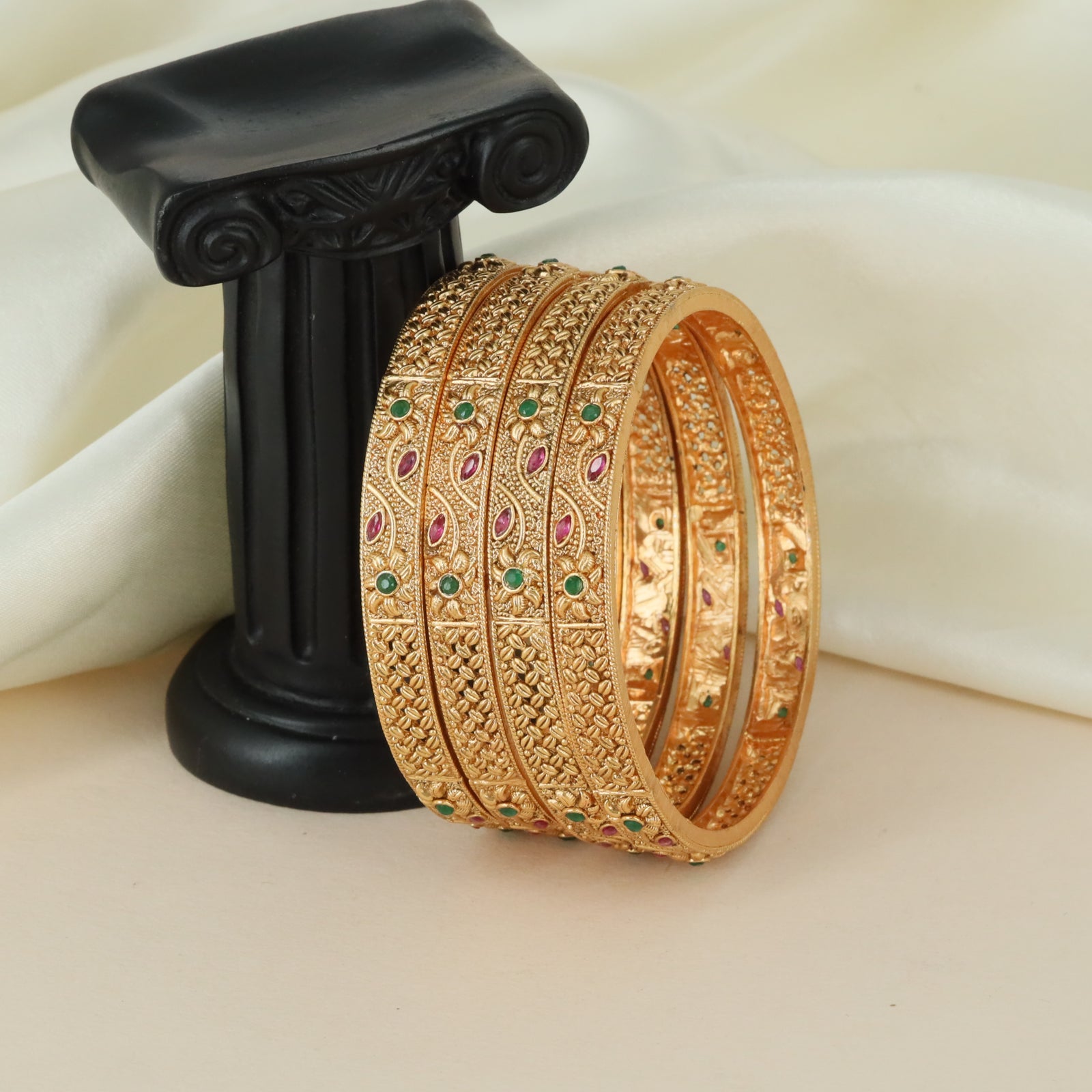 Leaf Vine Antique Bangles with Layered Stone Border Detailing