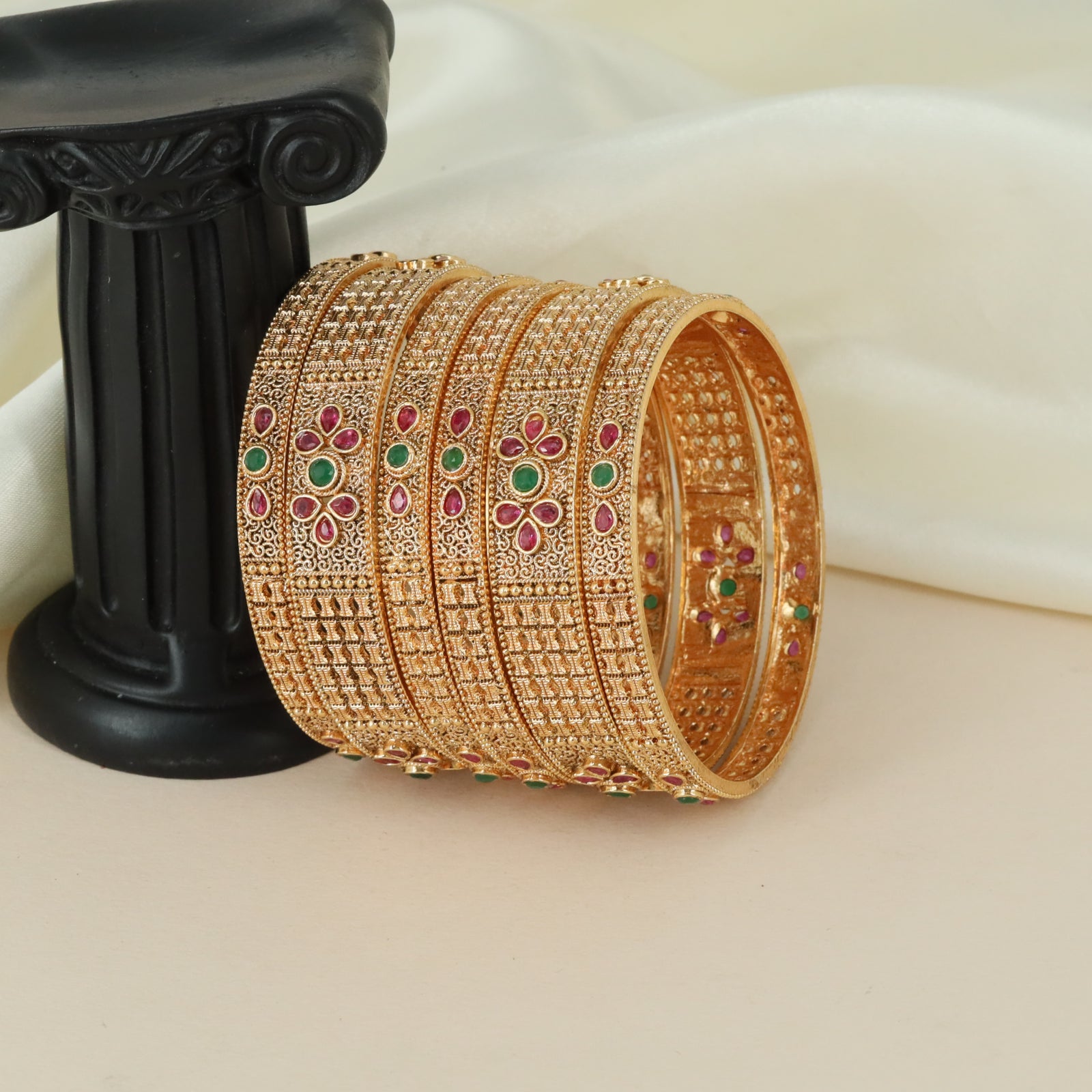 Floral Grid Antique Bangles with Layered Stone Border Detailing