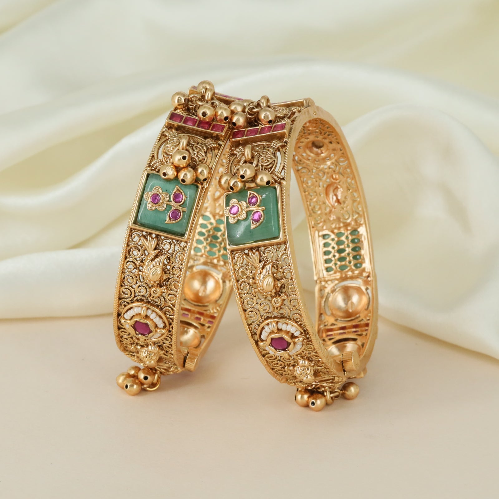Regal Floral Panel Kundan Bangles with Layered Temple Border Detailing