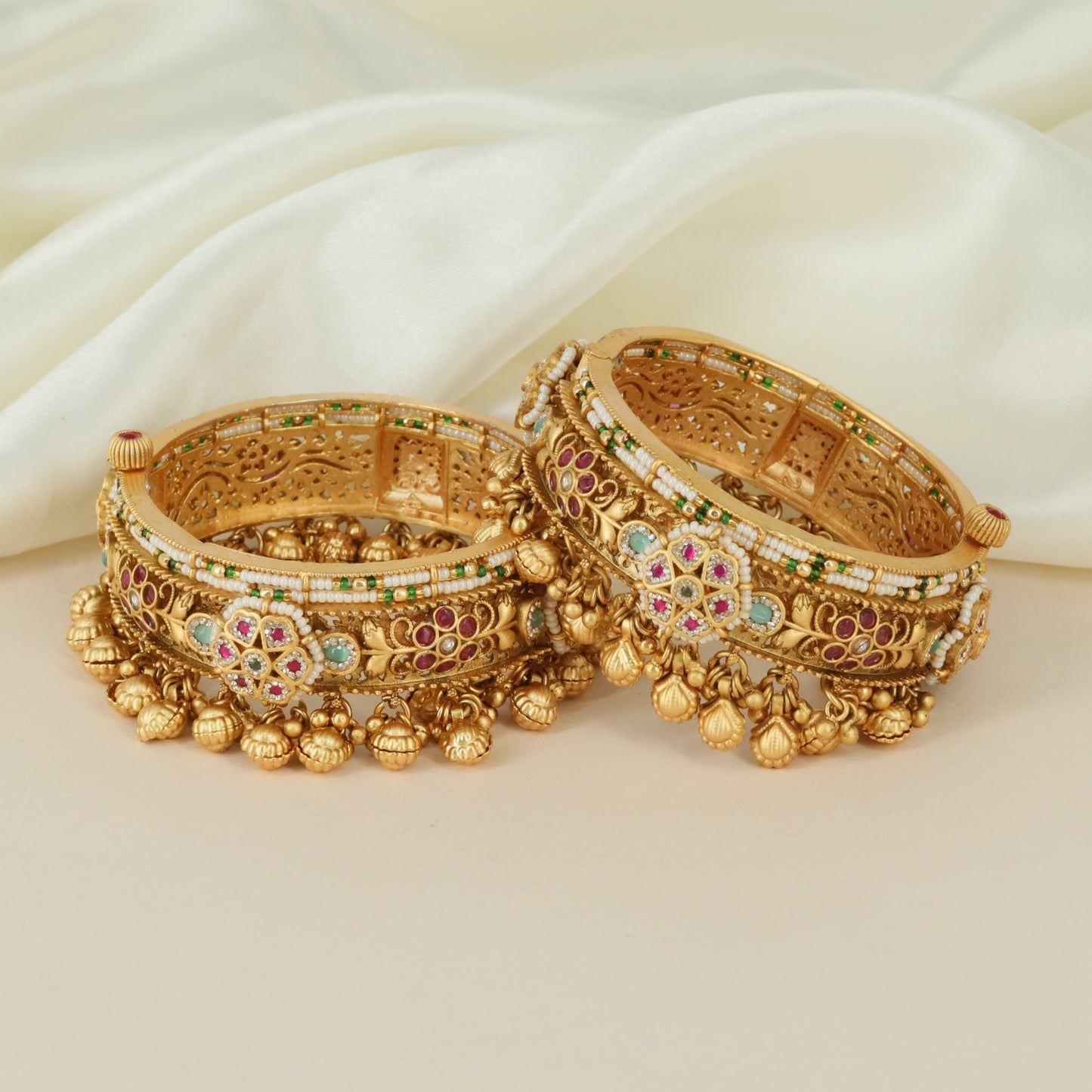 Royal Floral Medallion Kundan Bangles with Grand Hanging Bell Detailing