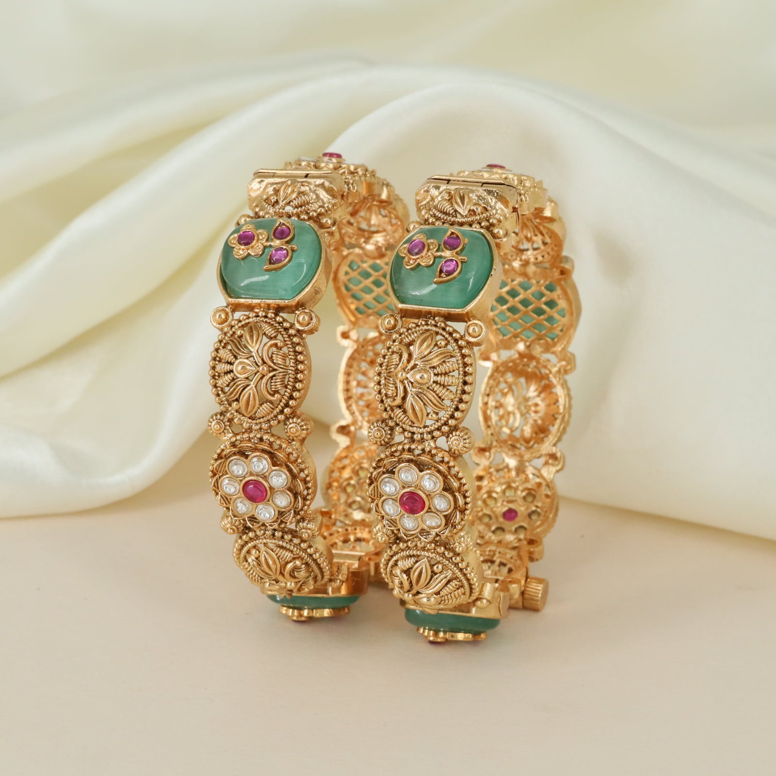 Royal Floral Disc Kundan Bangles with Decorative Stone Accent Work