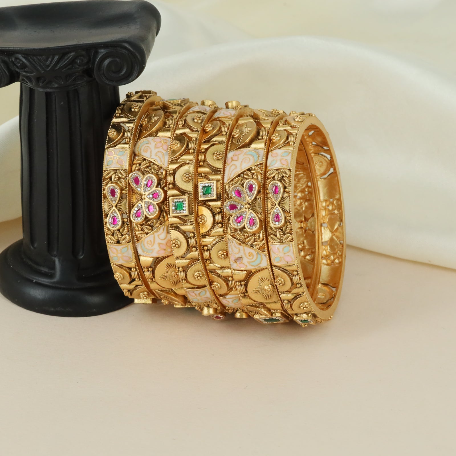 Detailed Temple Layout Antique Bangles with Layered Floral Craftsmanship