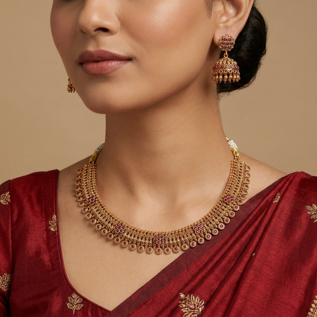 Traditional Floral Necklace with Dense Layered Borders
