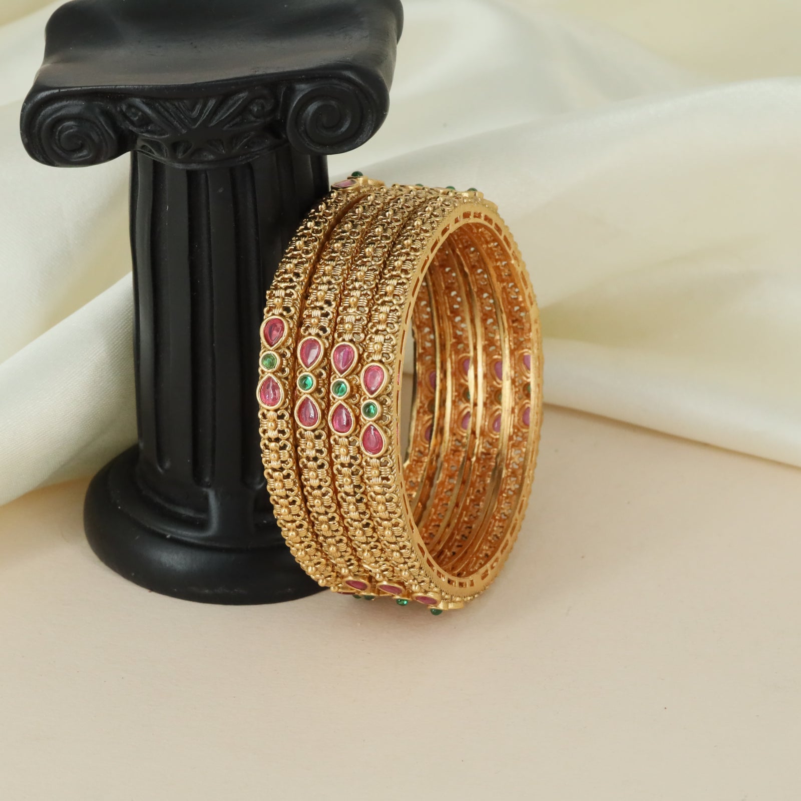 Floral Border Antique Bangles with Layered Stone Line Detailing