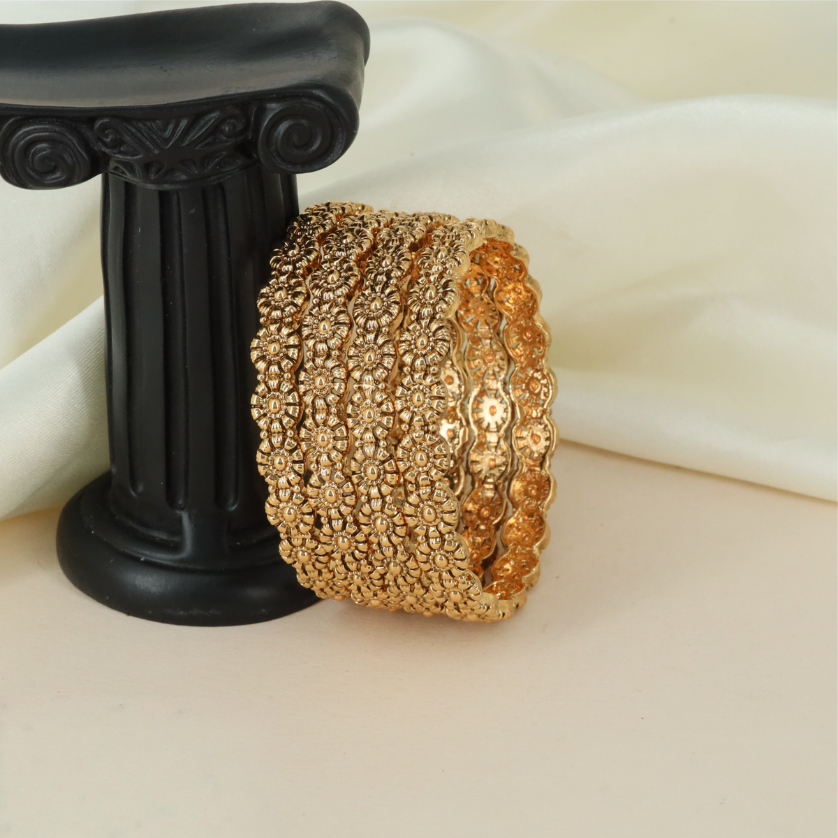 Antique Bangles With Dense Floral Filigree And Intricate Petal Detailing