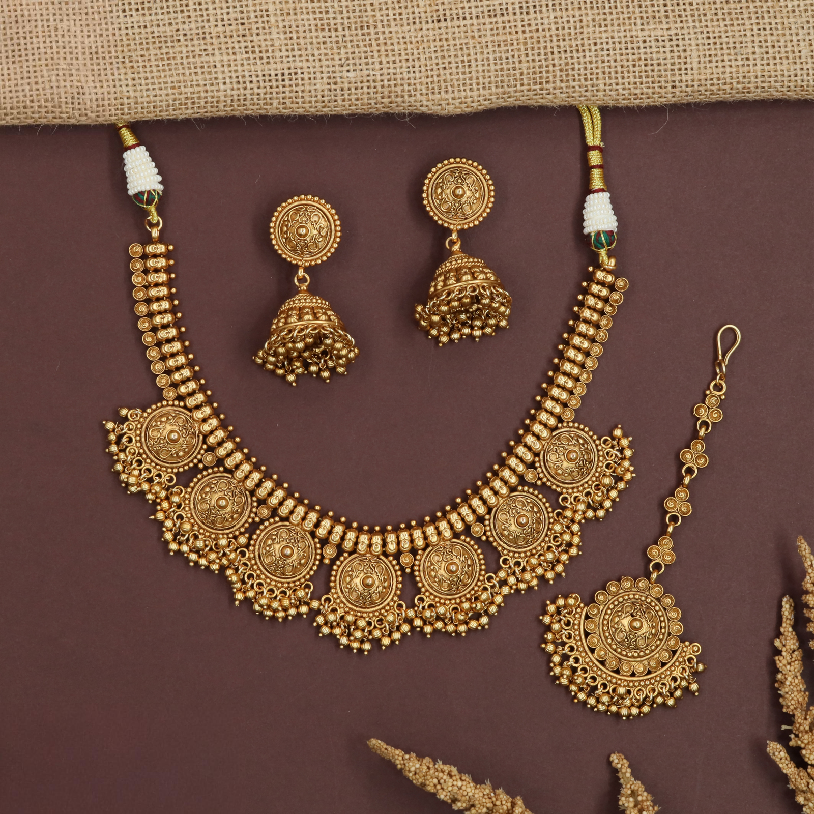 Bronzique Antique Necklace with Repeating Coin Panels and Bead Drops