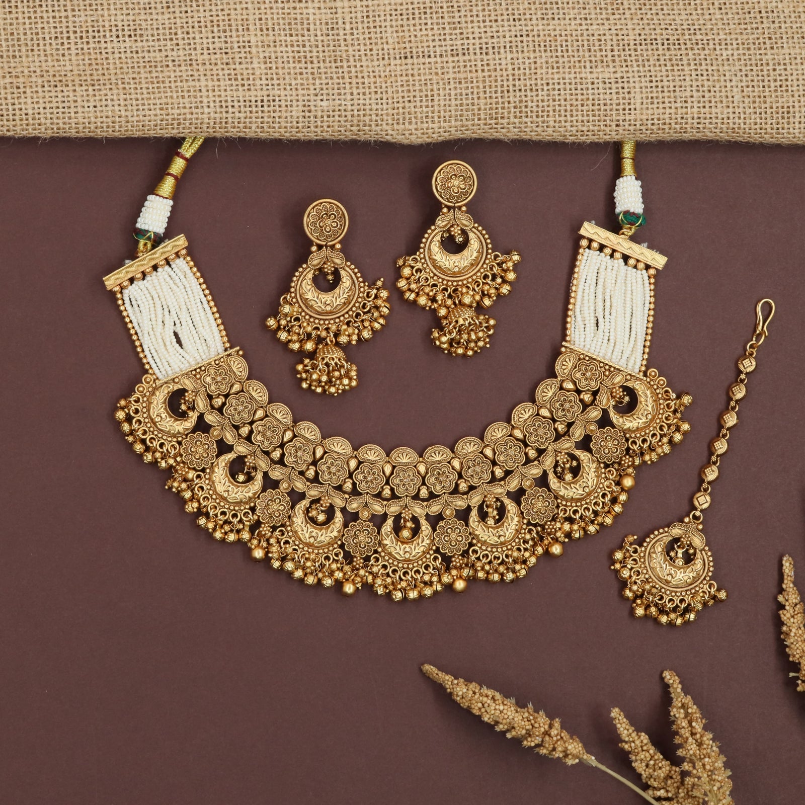 Royal Floral Antique Necklace with Hanging Pearl Drop Detailing