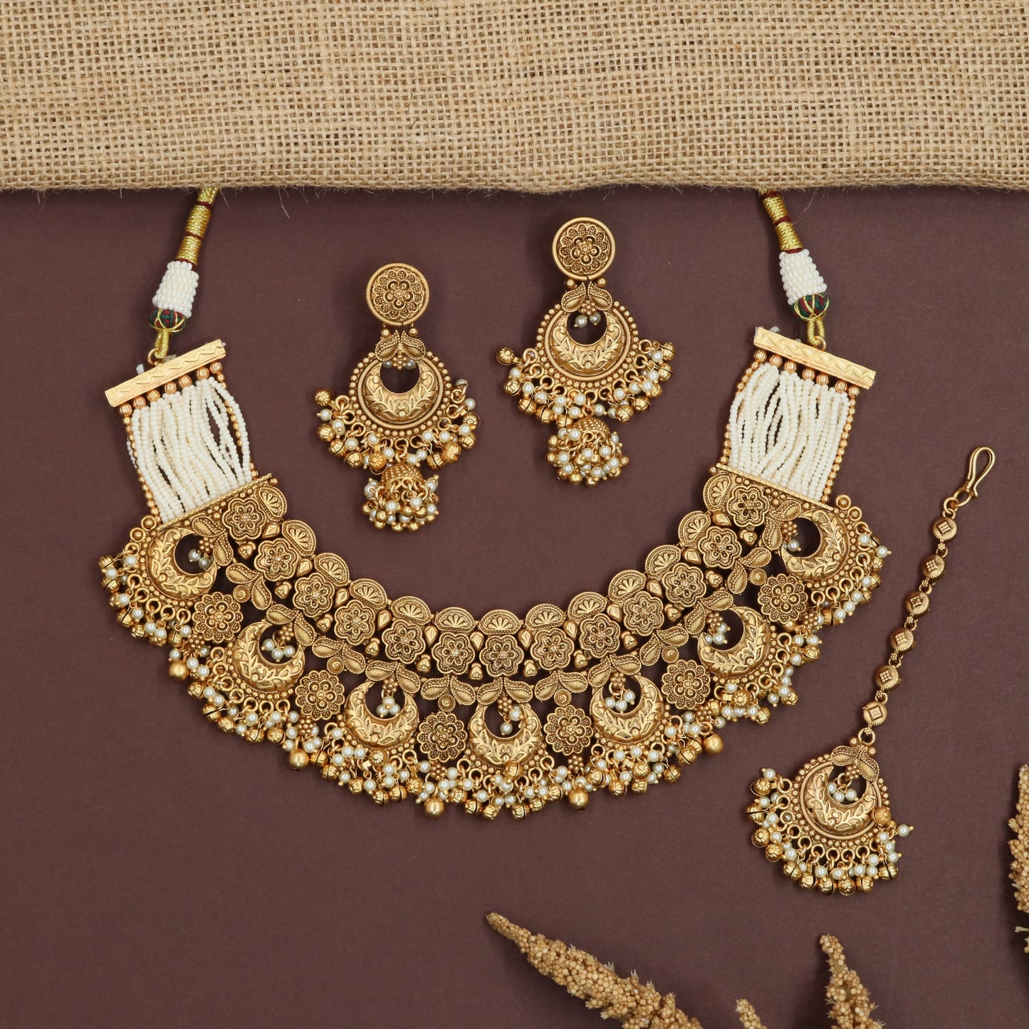 Royal Floral Antique Necklace with Hanging Pearl Drop Detailing