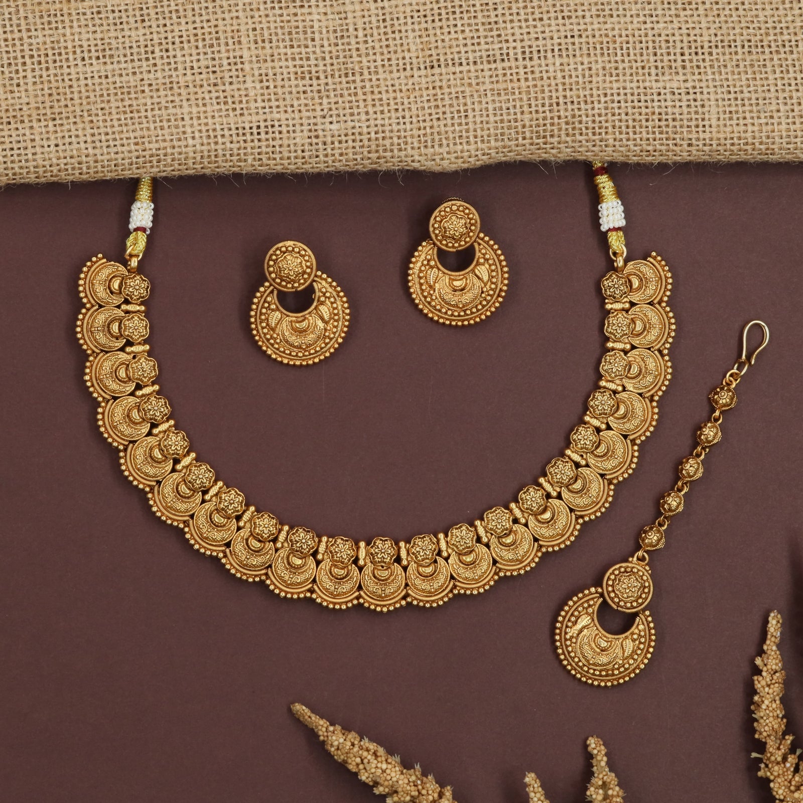 Mystic Floral Antique Necklace with Repeating Temple Coin Design
