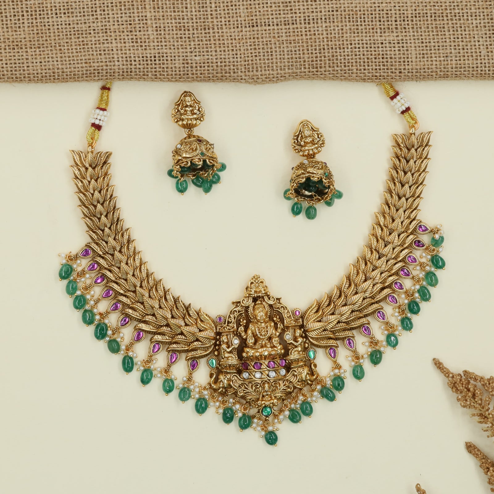 Bridal Lakshmi Antique Necklace with Wing Pattern Detailing