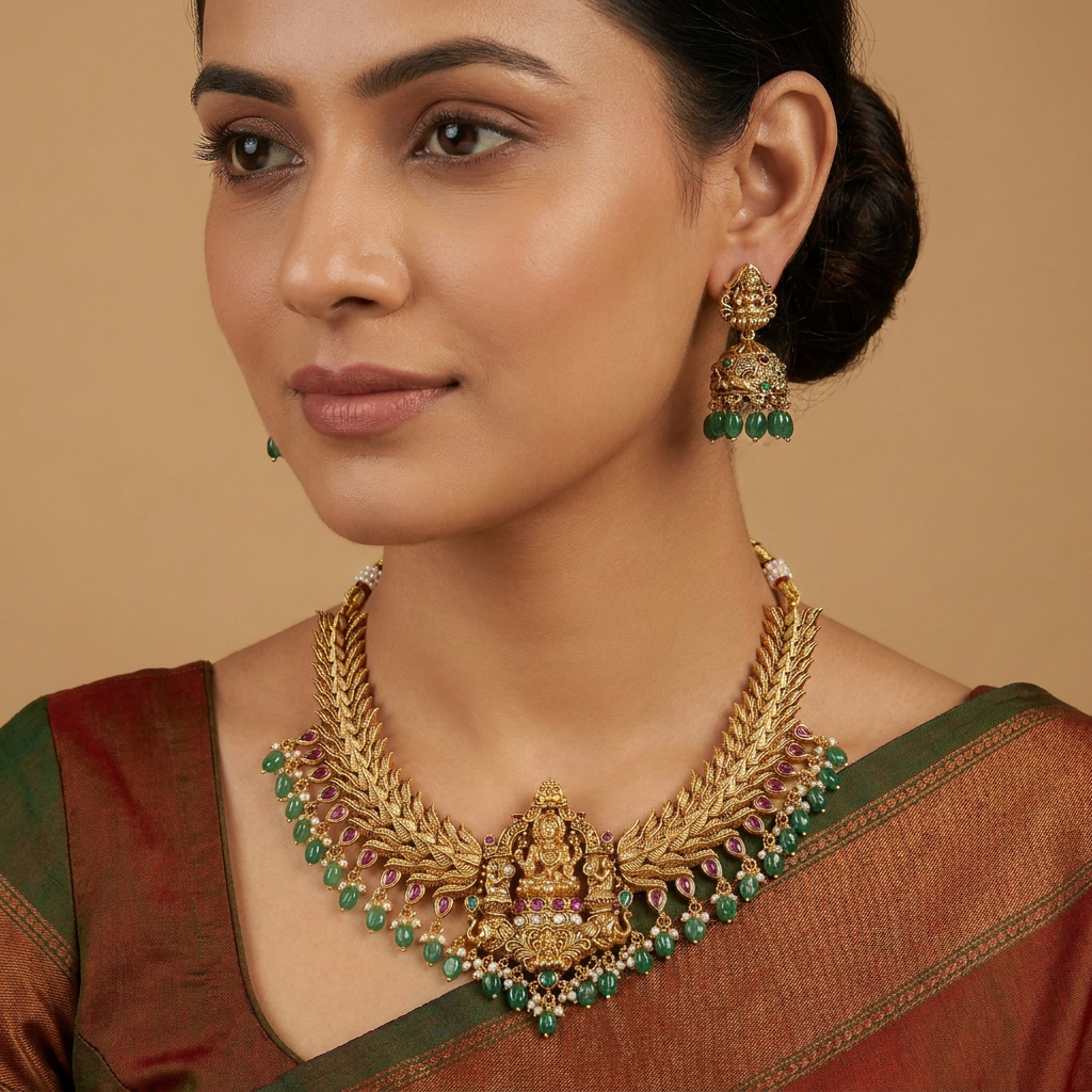 Bridal Lakshmi Antique Necklace with Wing Pattern Detailing