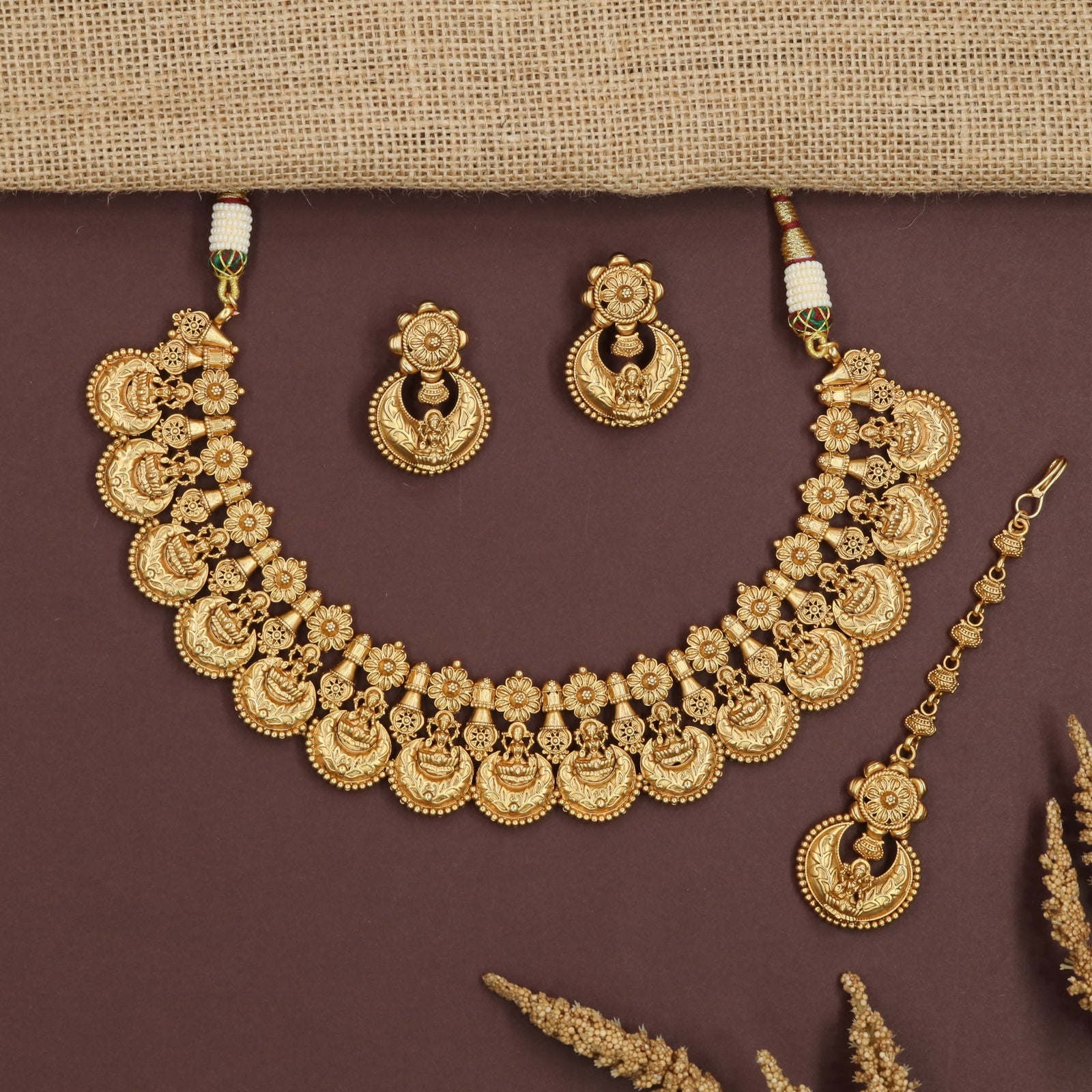 Antique Necklace with Lakshmi Coin Drops and Floral Connectors