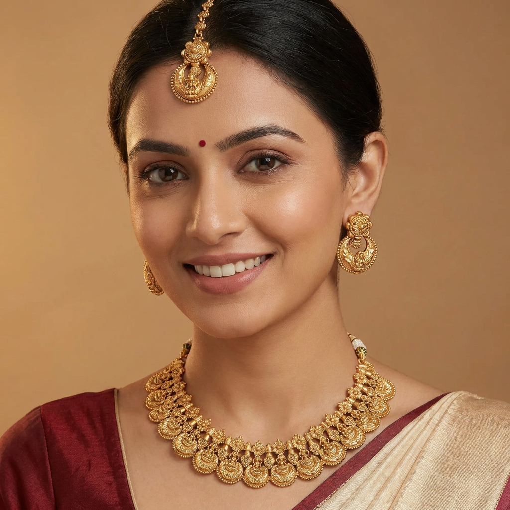 Antique Necklace with Lakshmi Coin Drops and Floral Connectors