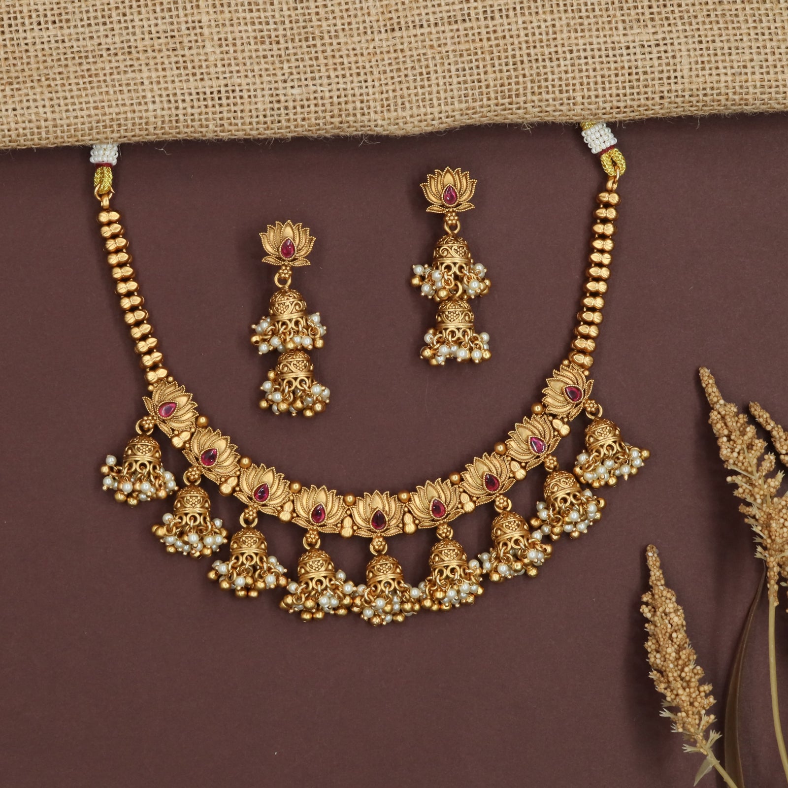 Majestic Temple Antique Necklace with Pearl Fringe Bell Hangings