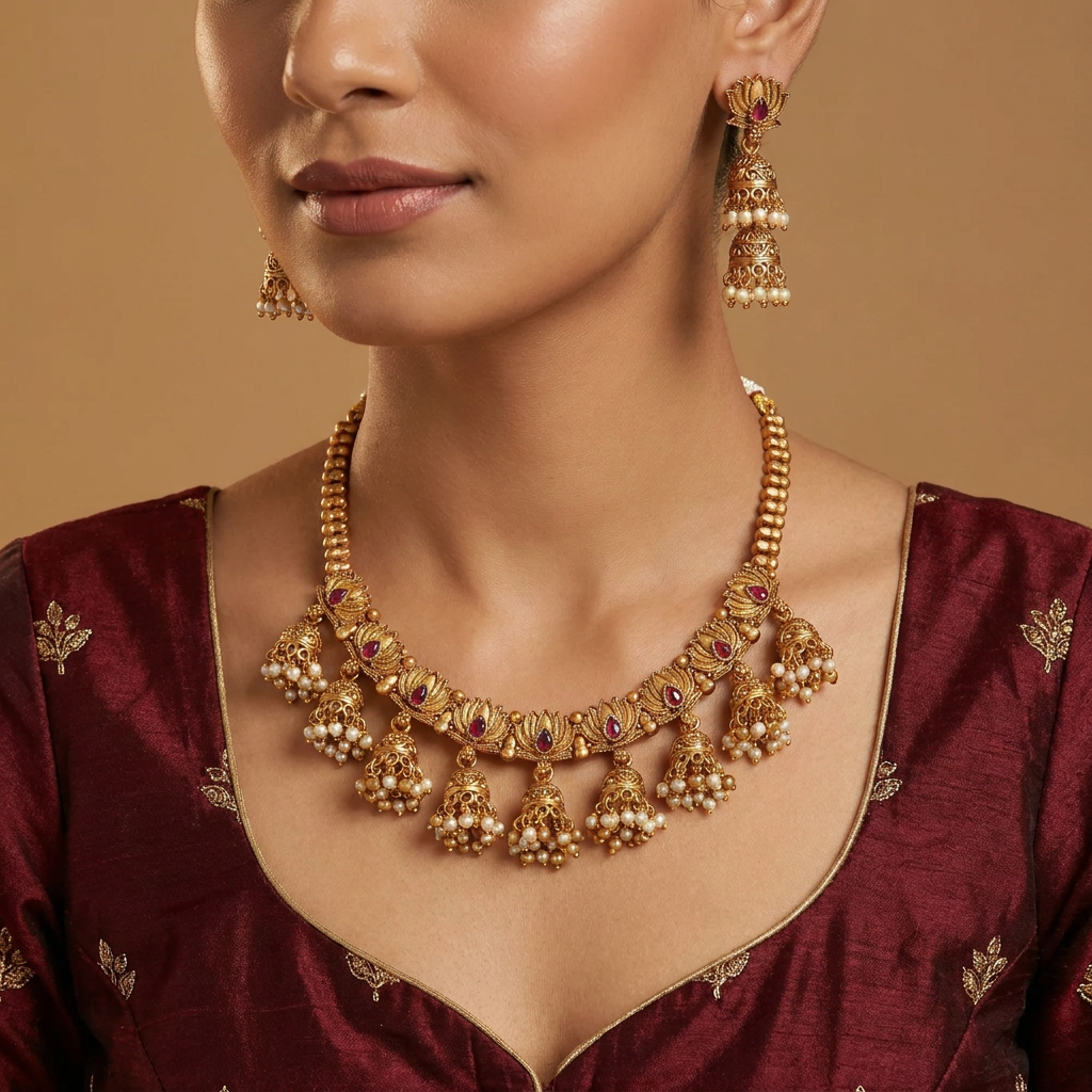 Majestic Temple Antique Necklace with Pearl Fringe Bell Hangings