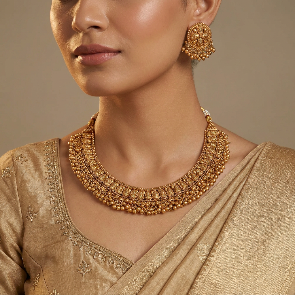 Mystic Border Antique Necklace with Dense Hanging Ball Detailing