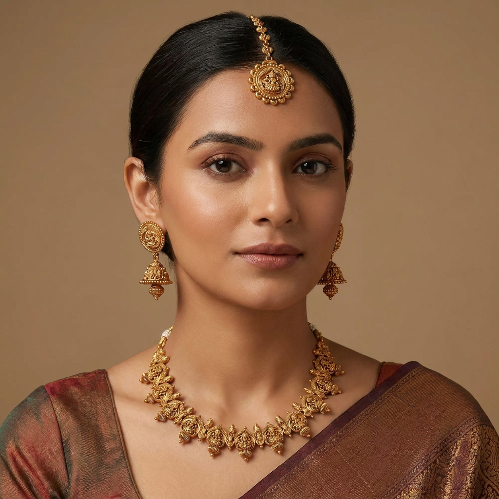 Whisper Coin Antique Necklace with Repeating Lakshmi Temple Drop Arrangement