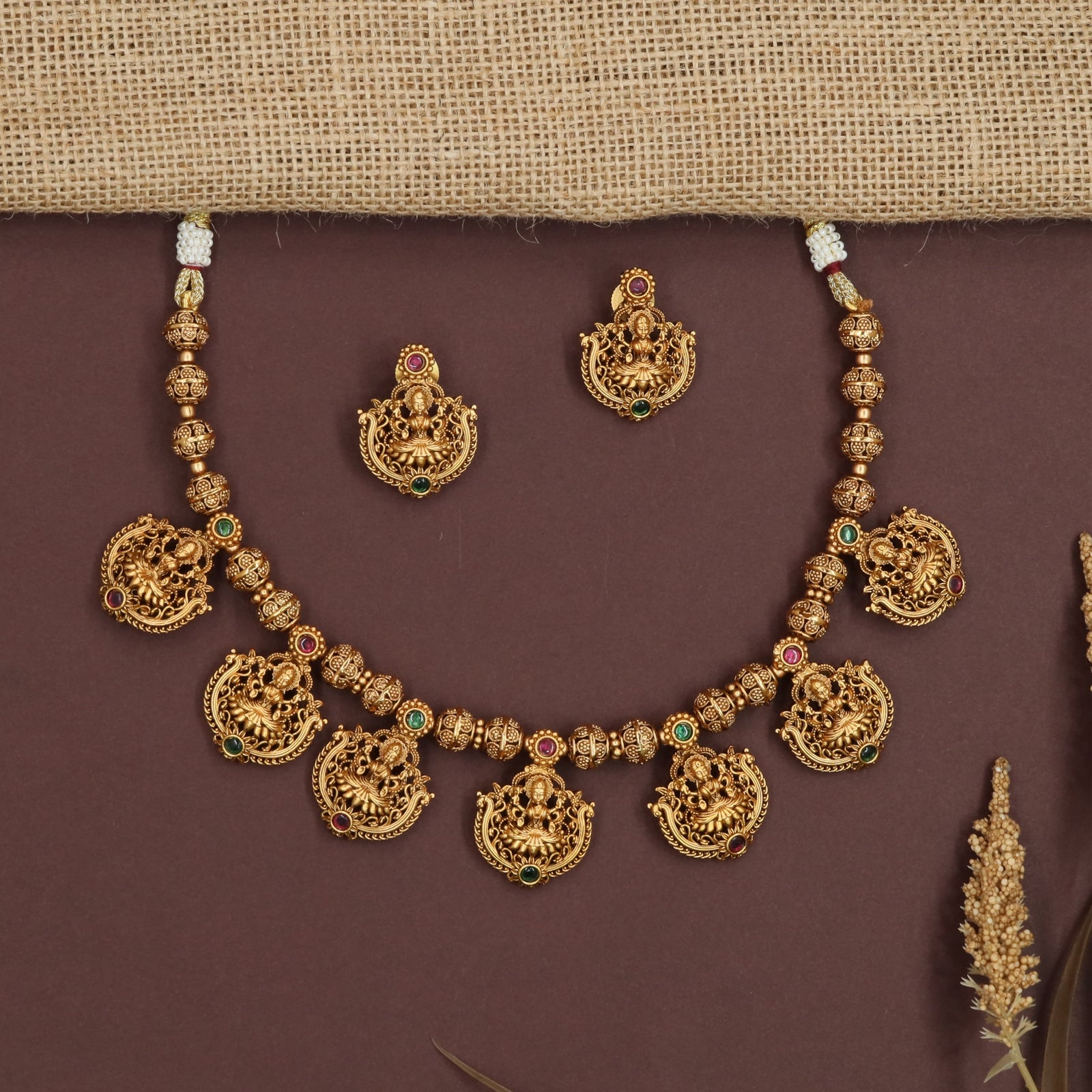 Golden Temple Antique Necklace with Hanging Lakshmi Coin Fringe
