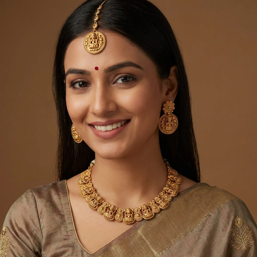 Dynasty Floral Antique Necklace with Lakshmi Coin Panel Arrangement