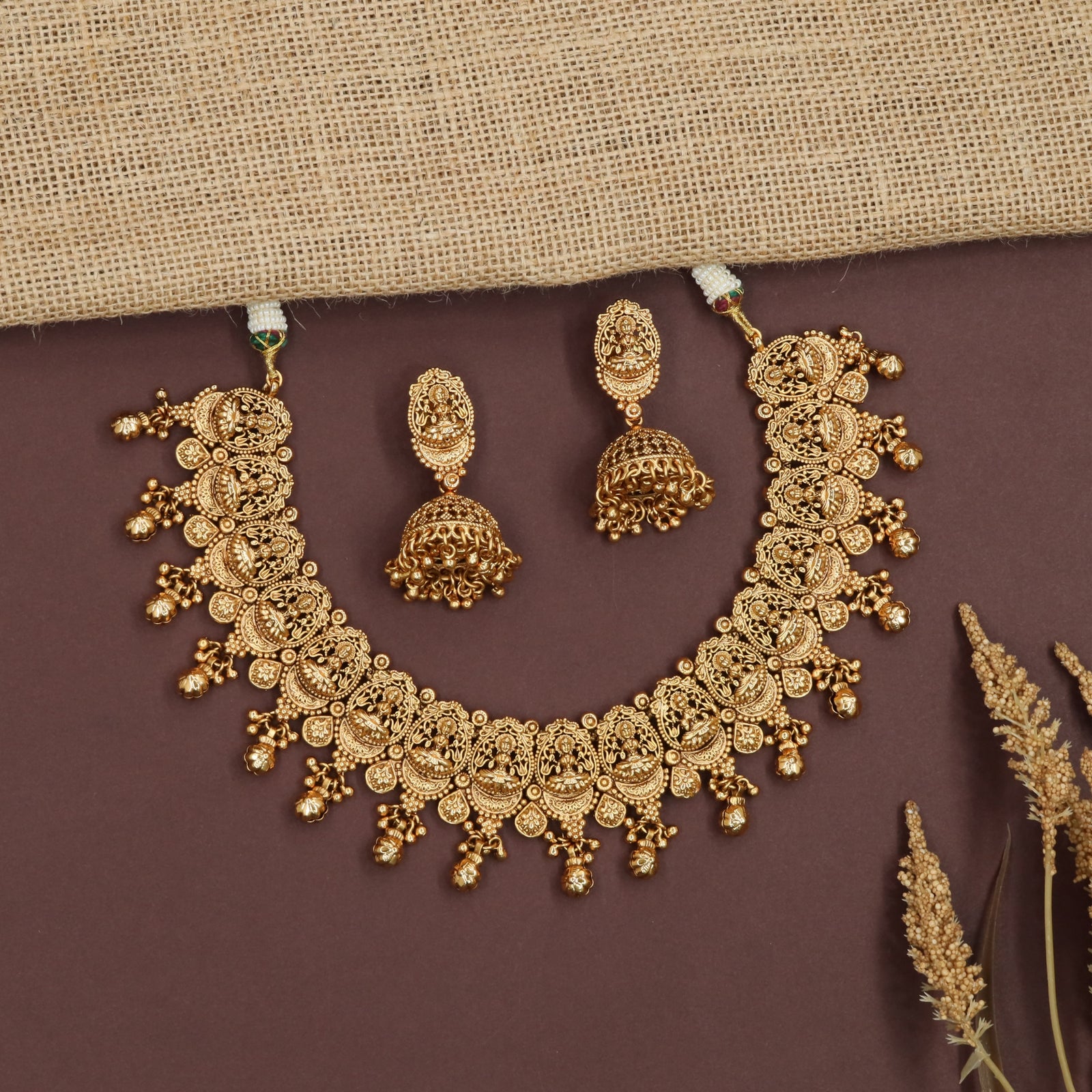 Royal Lakshmi Antique Necklace with Hanging Temple Drop Detailing