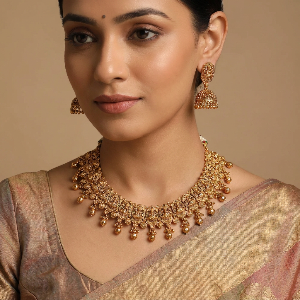 Royal Lakshmi Antique Necklace with Hanging Temple Drop Detailing