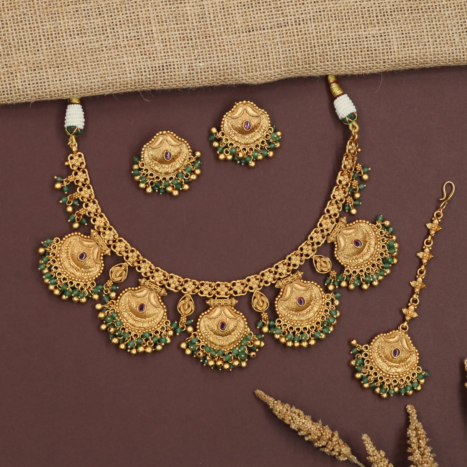 Fiorenne Antique Necklace with Hanging Temple Medallions and Bead Border