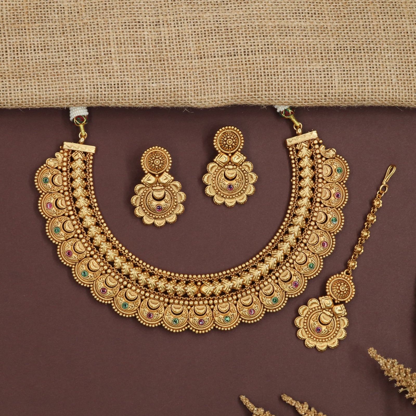 Radiance Coin Antique Necklace with Textured Woven Neckline Layout