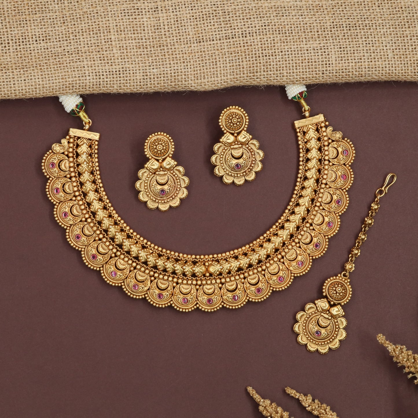 Radiance Coin Antique Necklace with Textured Woven Neckline Layout