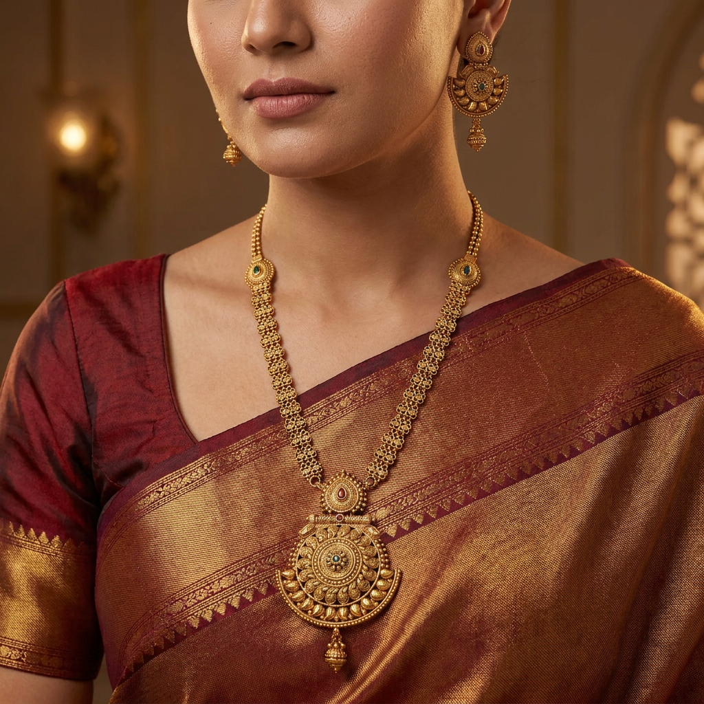 Empire Weave Antique Long Haara with Circular Border Pendant