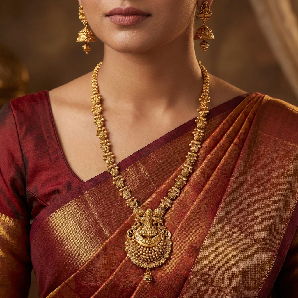 Empire Disc Pattern Long Haara with Lakshmi Engraved Pendant Center