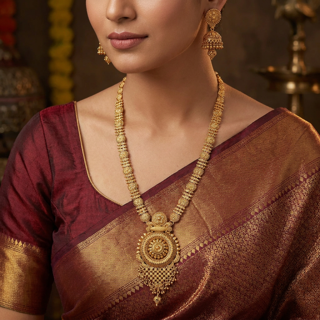 Bloom Floral Long Haara with Repeating Disc Chain and Drop Border