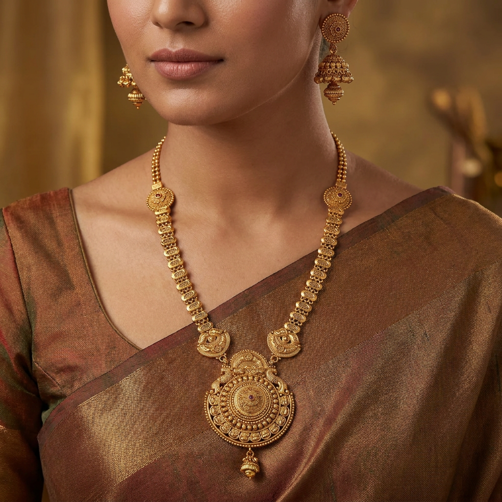 Aster Temple Long Haara with Circular Medallion Pendant and Paisley Side Panels