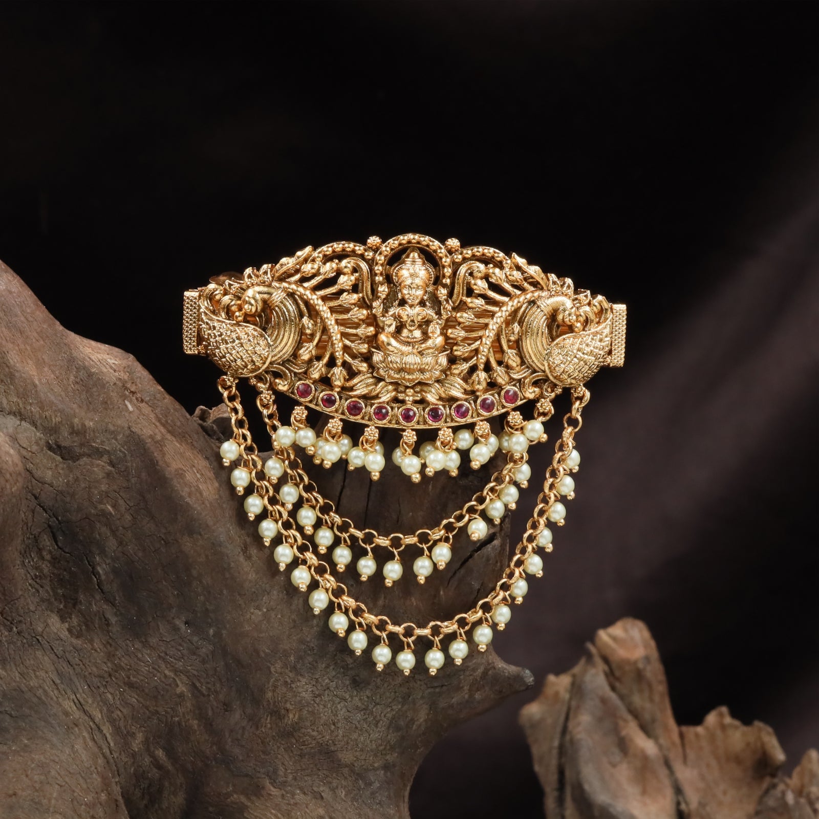 Royal Peacock Clip with Lakshmi Center and Pearl Chain Drapes