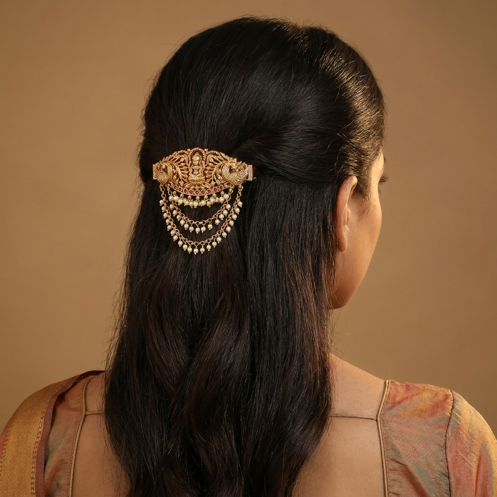 Royal Peacock Clip with Lakshmi Center and Pearl Chain Drapes