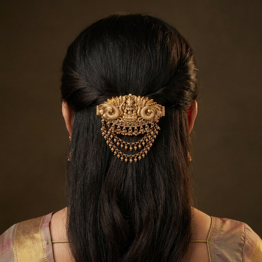 Antique Lakshmi Clip with Twin Peacock Side Detailing