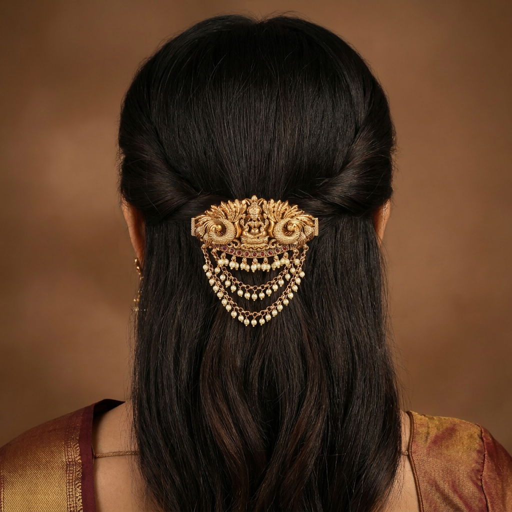 Grand Peacock Clip with Raised Lakshmi Centerpiece Design