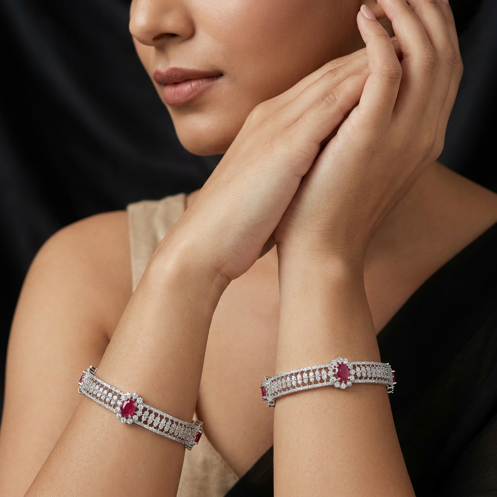 Decorative Grid Rose Gold Bangles with Broad Linked Formation