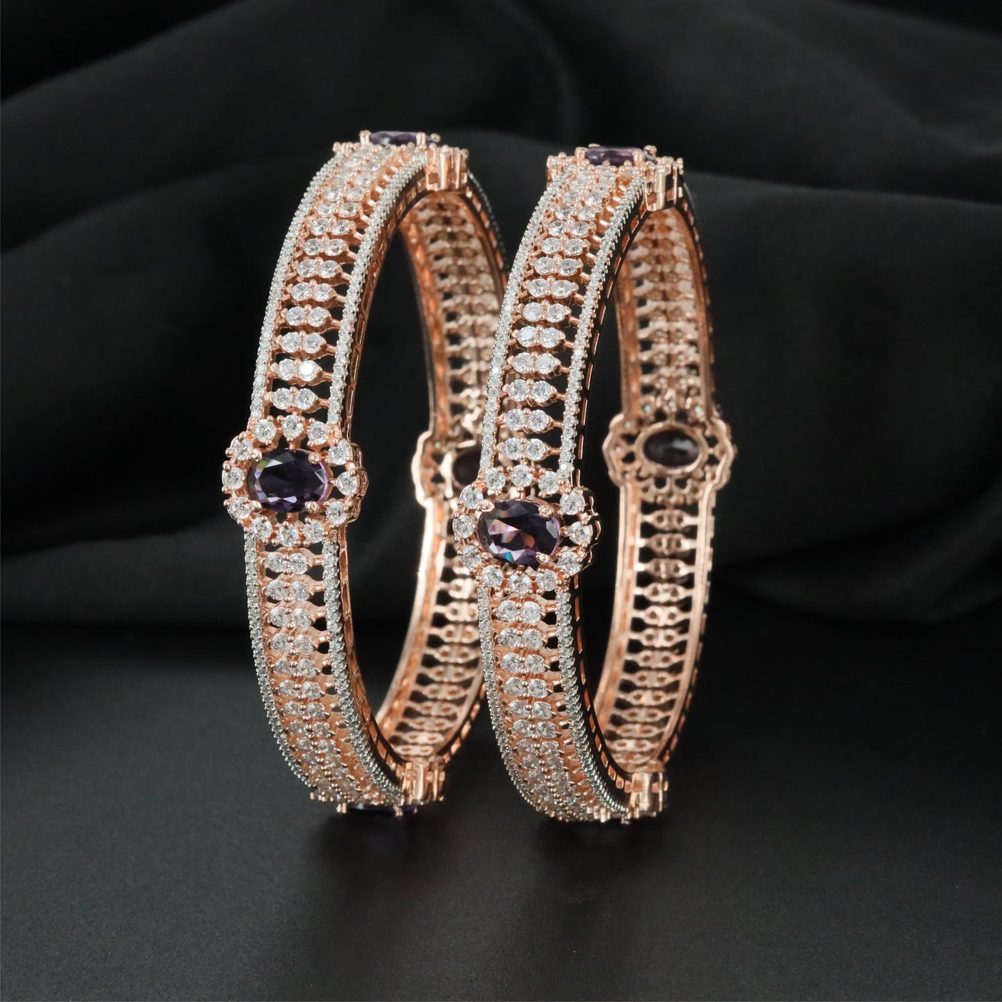 Crossline Frame Rose Gold Bangles with Dimensional Architectural Layout