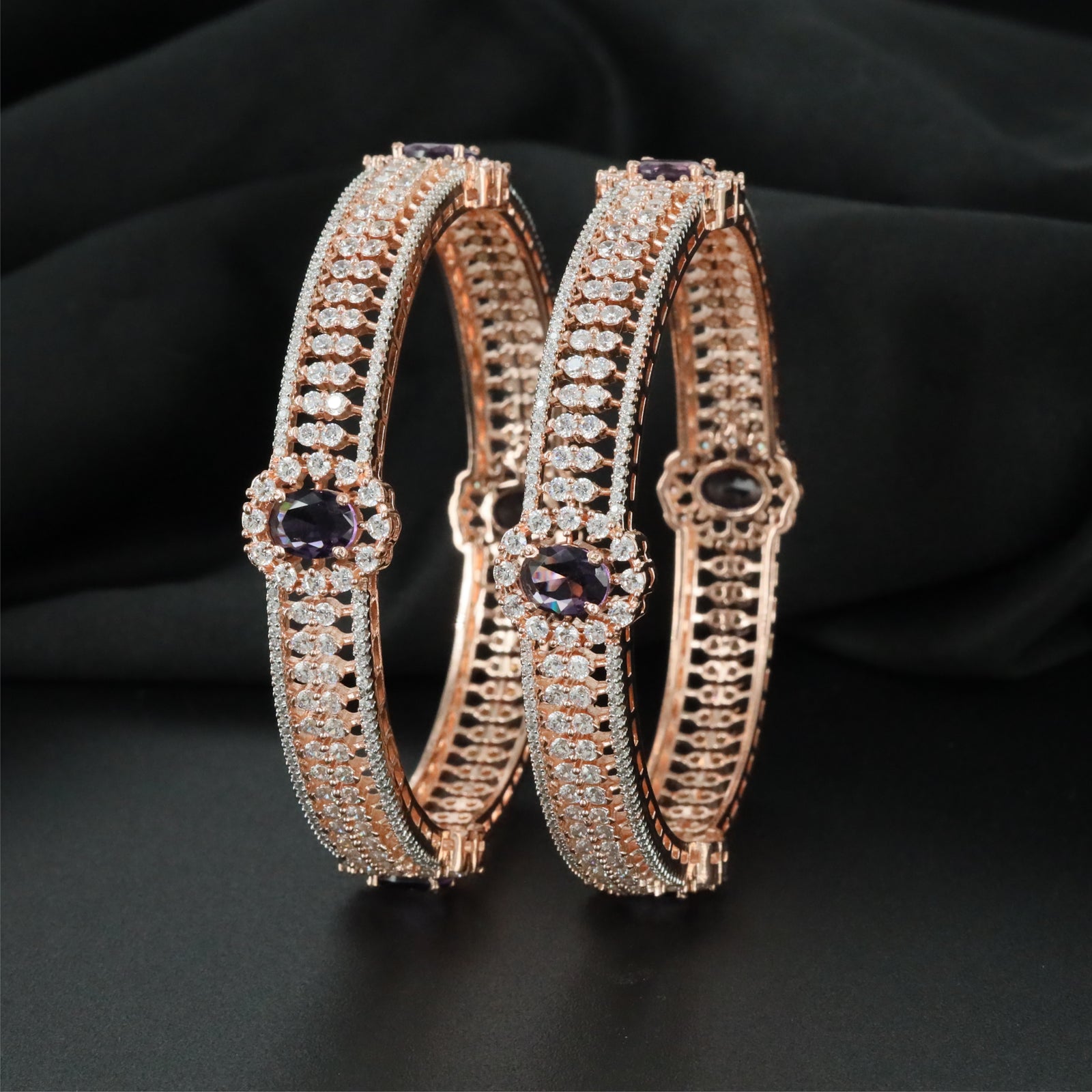 Crossline Frame Rose Gold Bangles with Dimensional Architectural Layout