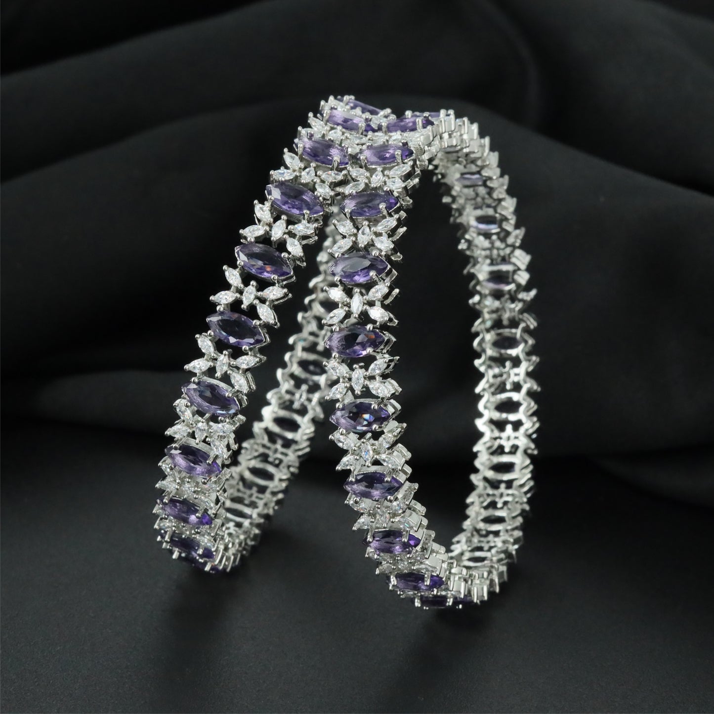 Floral Cluster Rhodium Bangles with Decorative Centre Arrangement