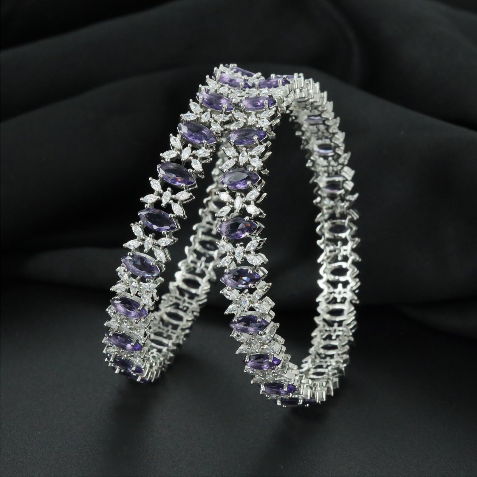 Floral Cluster Rhodium Bangles with Decorative Centre Arrangement