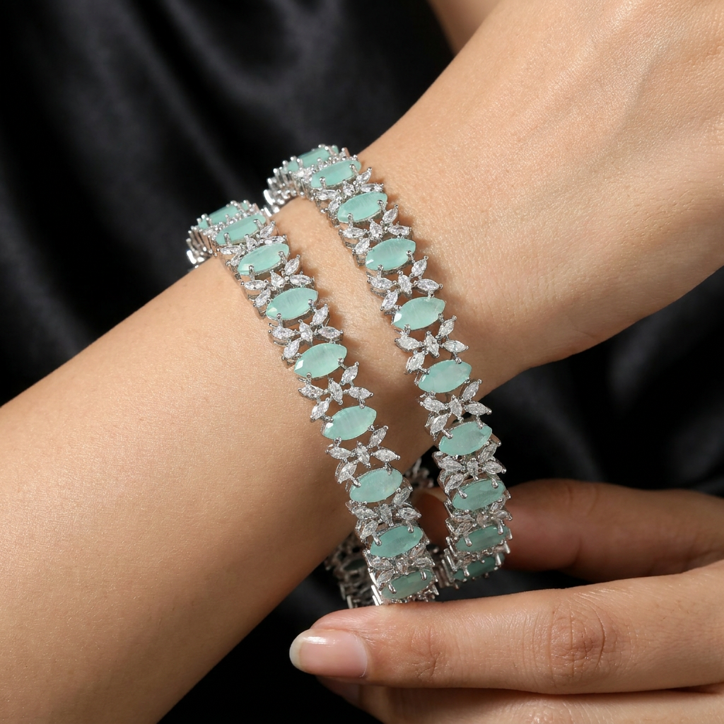 Starburst Detail Rhodium Bangles with Continuous Border Styling